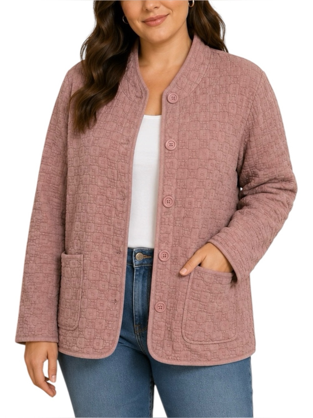 Textured Quilted Button Front Jacket Sz L Pockets Mauve Pink Cotton Cottagecore